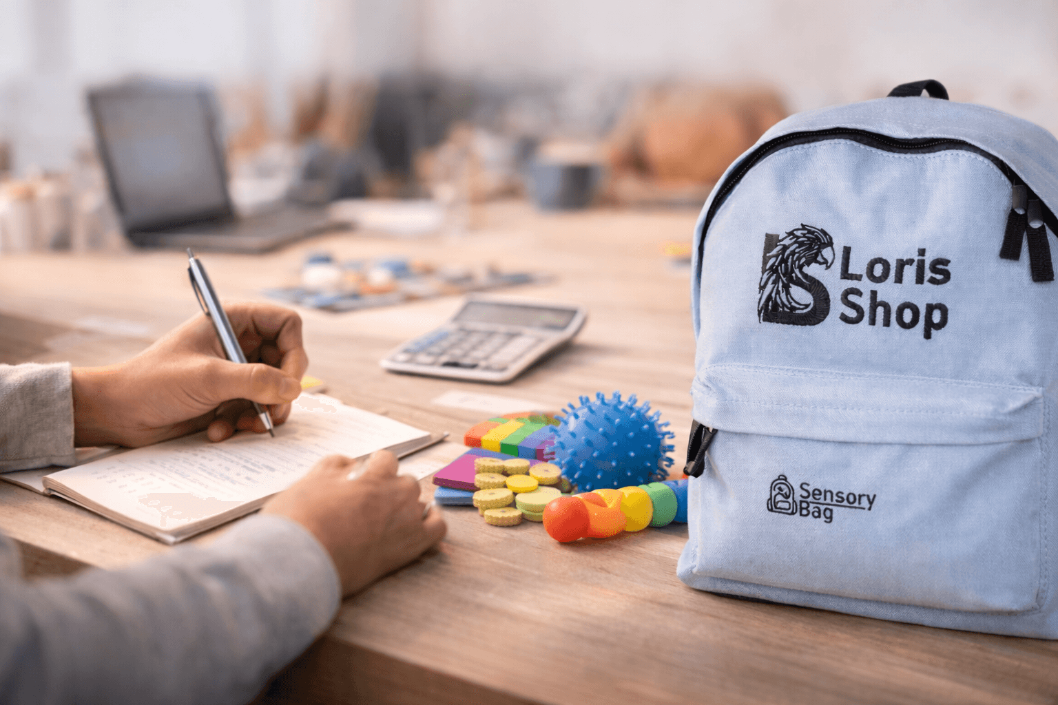 Sensory Bag auf einem Tisch mit sensorischen Hilfsmitteln, neben einem Menschen, der etwas auf einem Notizblock schreibt.
