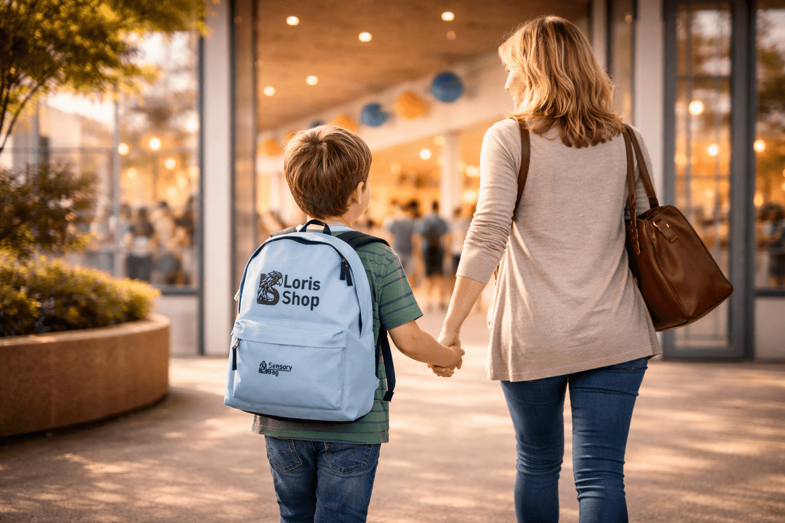 Mutter geht mit Kind an der Hand in eine öffentliche Einrichtung. Das Kind trägt einen Sensory Bag.